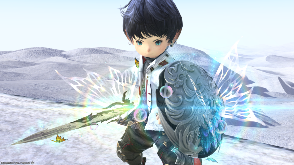 FF14　ミラプリ　光る武器　蛮神ティターニア武器　ナイト　剣　盾　フェアリーキングソード　フェアリーキングラウンドシールド　見た目　発光エフェクト
