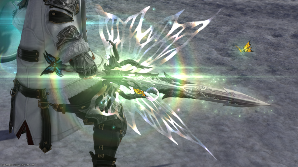 FF14　ミラプリ　光る武器　蛮神ティターニア武器　ナイト　剣　盾　フェアリーキングソード　フェアリーキングラウンドシールド　見た目　発光エフェクト
