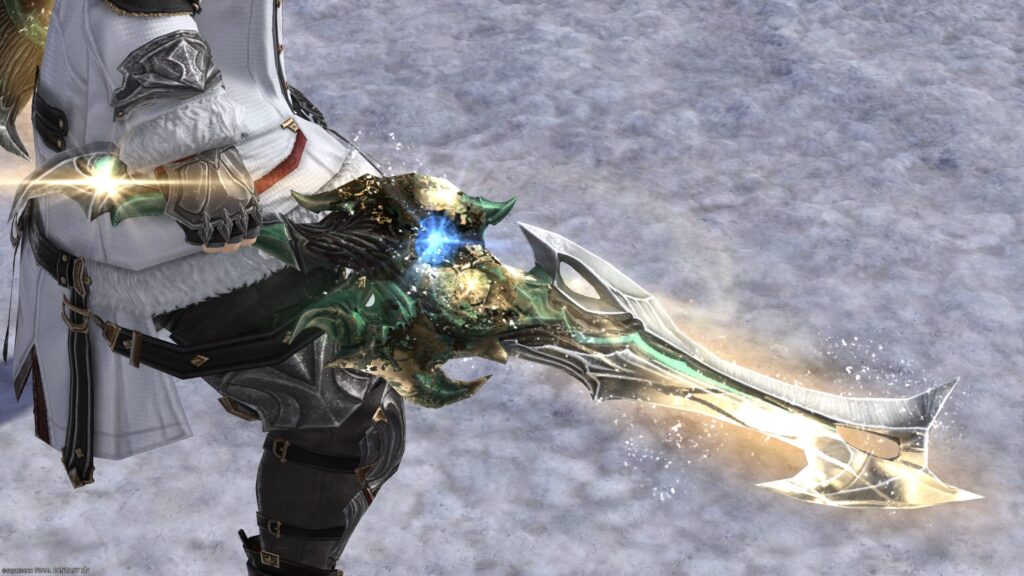 FF14　ミラプリ　光る武器　極エメラルドウェポン破壊作戦　ナイト　剣　盾　スマラグディン・バスタードソード、スマラグディン・シールド　見た目　発光エフェクト