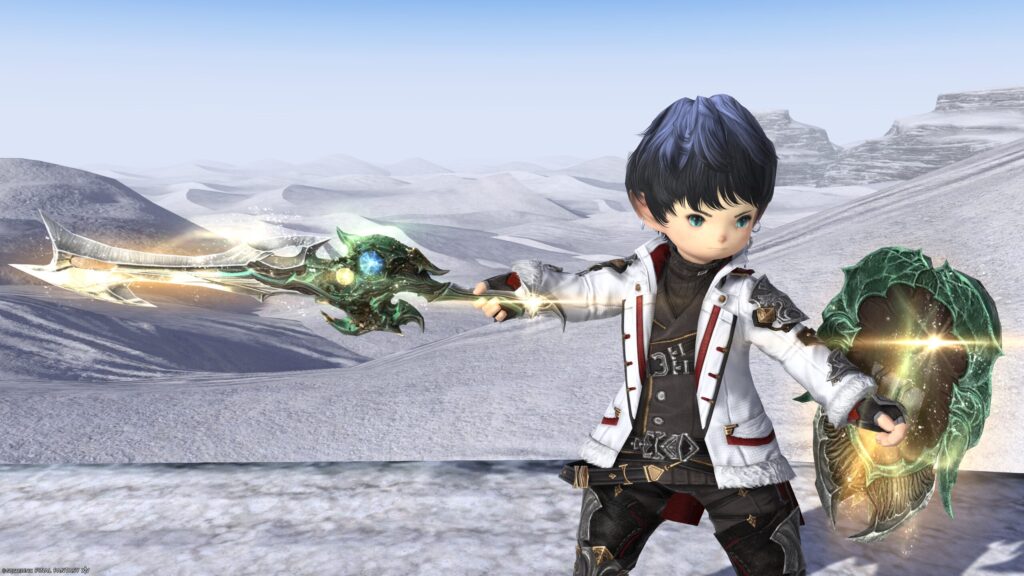 FF14　ミラプリ　光る武器　極エメラルドウェポン破壊作戦　ナイト　剣　盾　スマラグディン・バスタードソード、スマラグディン・シールド　見た目　発光エフェクト