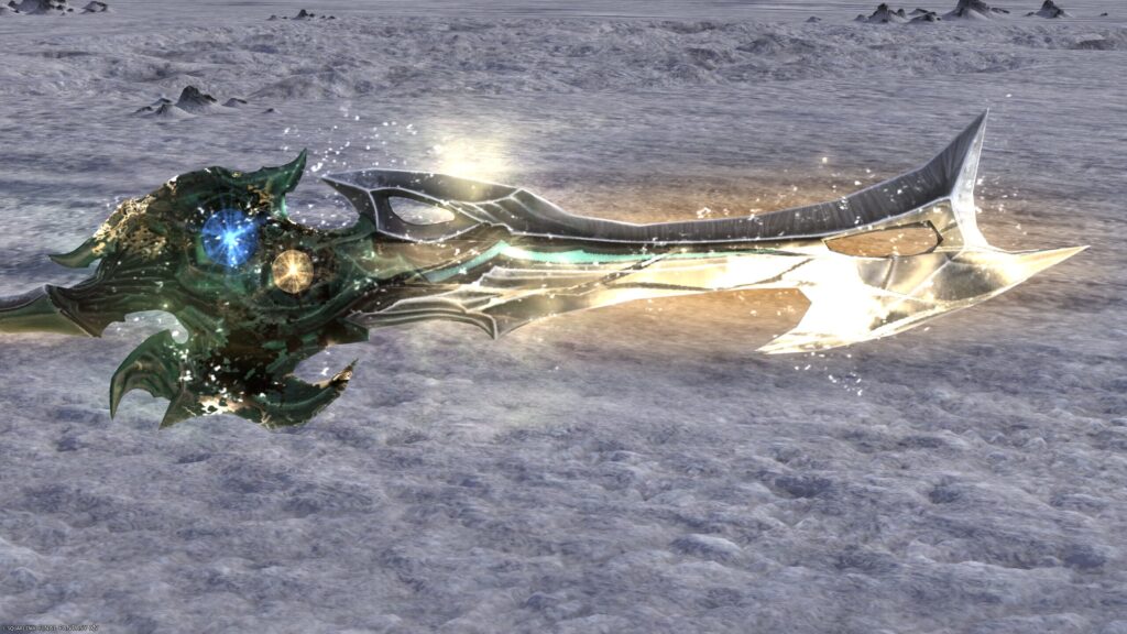 FF14　ミラプリ　光る武器　極エメラルドウェポン破壊作戦　ナイト　剣　盾　スマラグディン・バスタードソード、スマラグディン・シールド　見た目　発光エフェクト